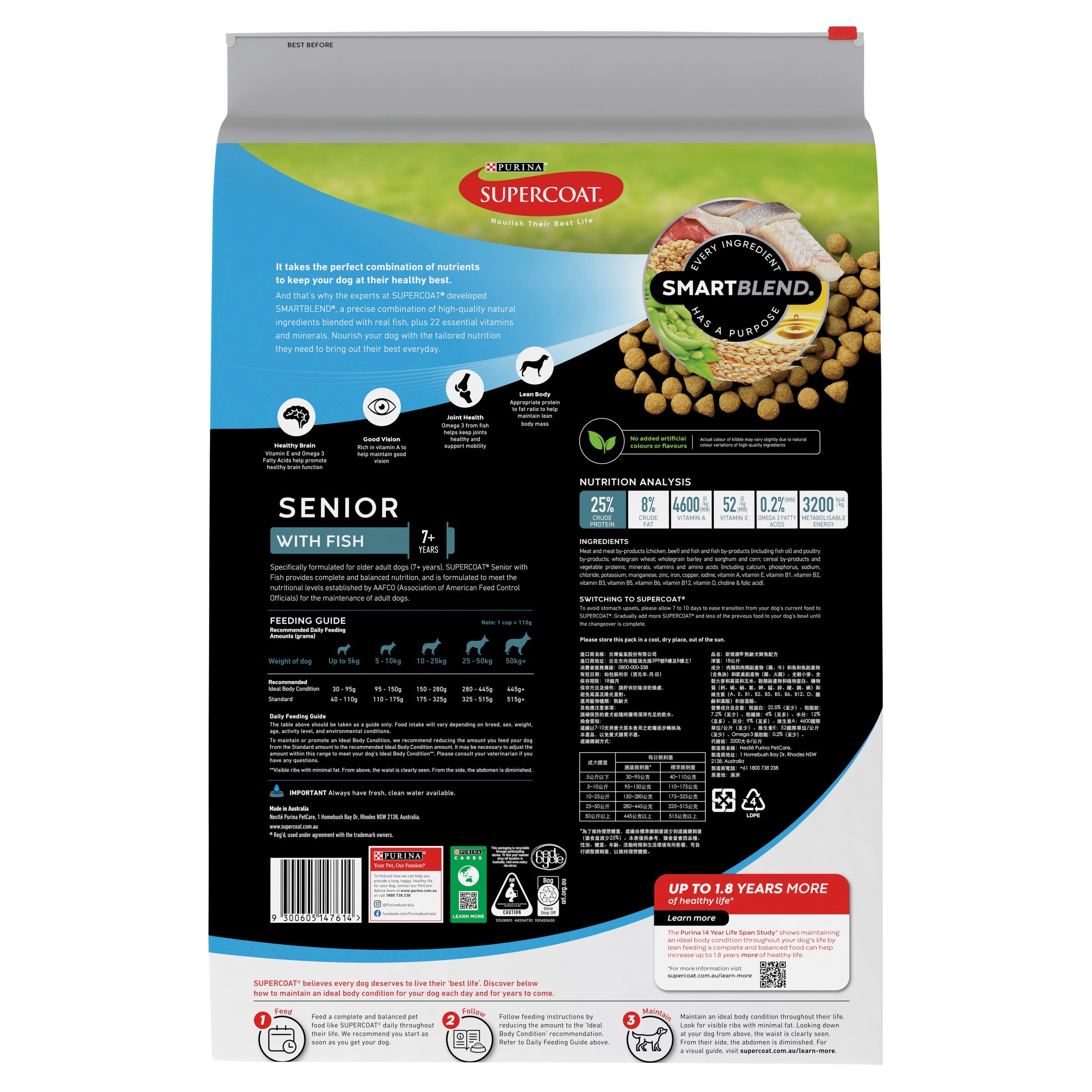 Supercoat SMARTBLEND Senior Dry Dog Food, Fish Recipe, Brain & Vision Support